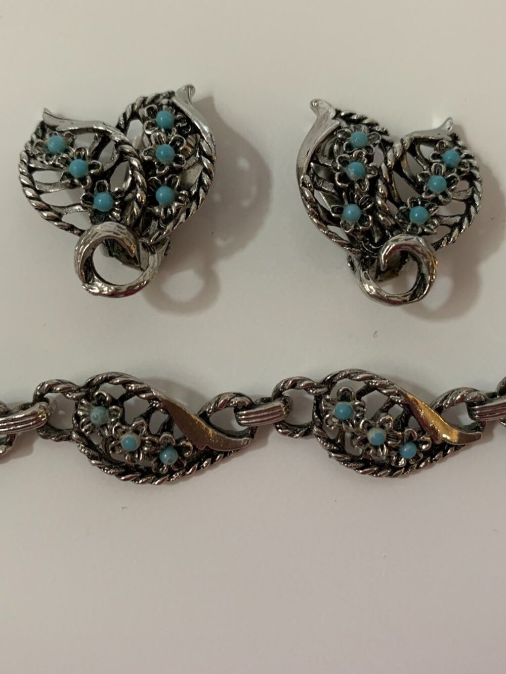 Silver Tone Bracelet and Earrings with Turquoise Color Beads
